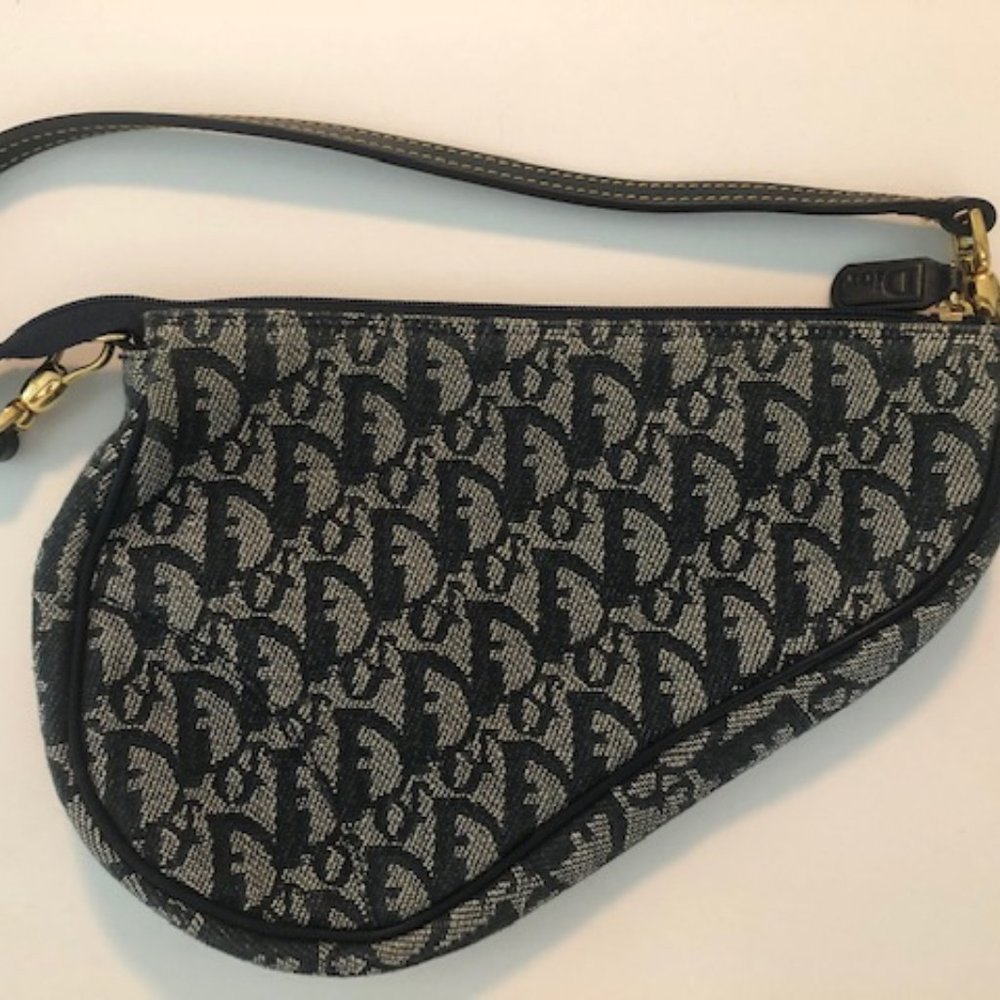 Vintage Dior Monogram Saddle shoulder bag in navy and gold